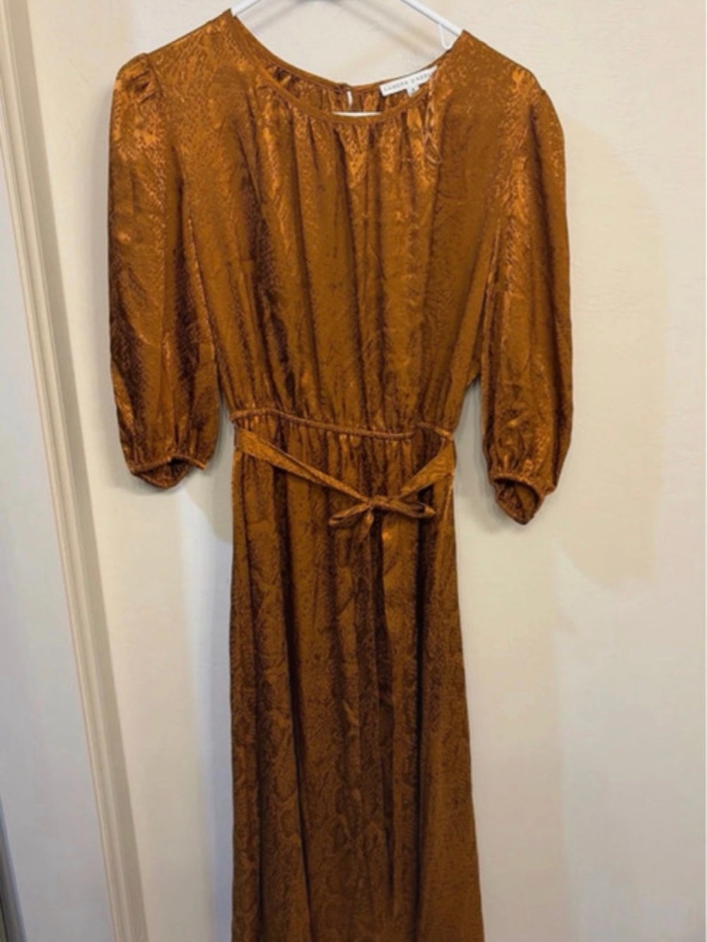 Sandra Darren Copper-Brown Long Sleeve Midi Dress with Tie Waist